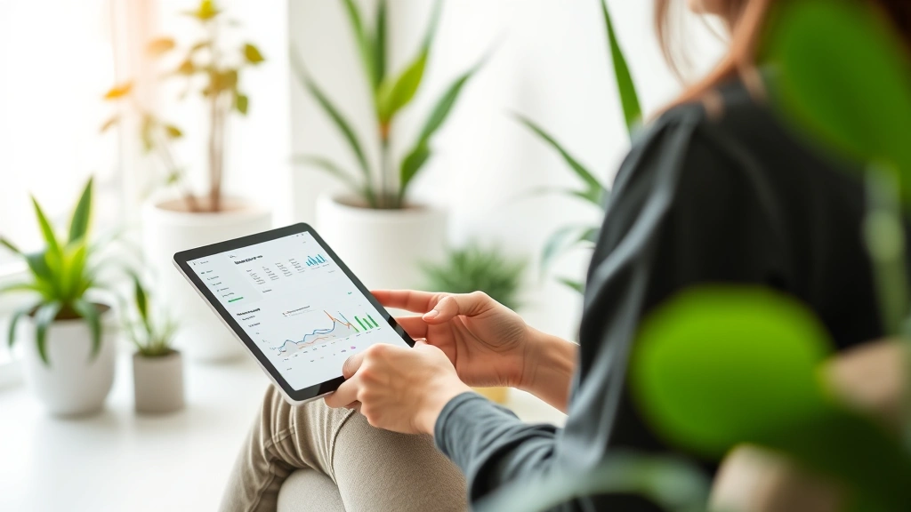 Person reviewing account activity on tablet while sitting in wellness space with plants, calm secure feeling, digital health dashboard displayed, modern healthcare technology, peaceful professional environment