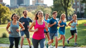 Diverse group of people exercising outdoors in a Pittsburgh neighborhood park, smiling while jogging and stretching, natural sunlight, urban green space background, healthy lifestyle