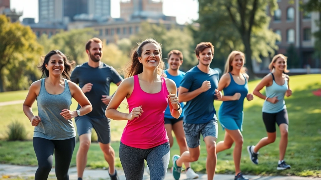 Diverse group of people exercising outdoors in a Pittsburgh neighborhood park, smiling while jogging and stretching, natural sunlight, urban green space background, healthy lifestyle