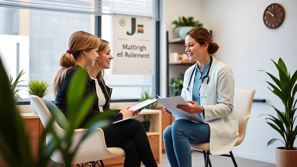 Nutritionist or wellness coach consulting with patient in modern medical office, reviewing health charts and discussing wellness goals, warm professional setting with plants