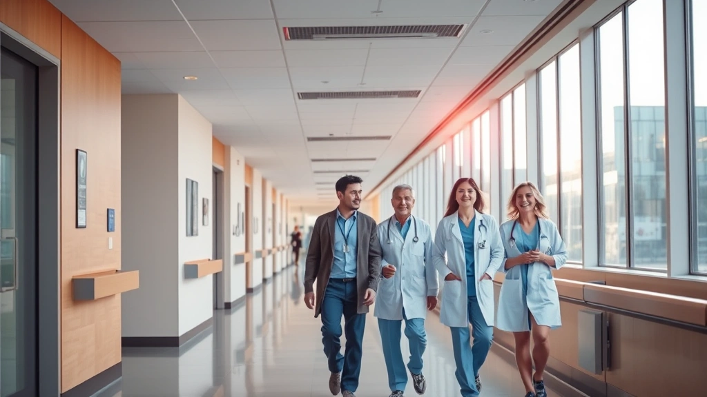 Modern hospital corridor with natural lighting, compassionate healthcare professionals walking together, warm welcoming atmosphere, contemporary medical facility design, patient recovery focus