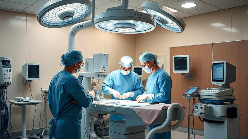 Advanced medical technology in operating room, surgical team performing minimally invasive procedure, state-of-the-art equipment, professional healthcare environment, modern surgical suite