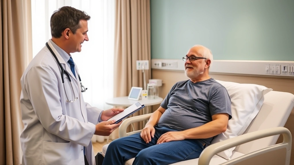 Patient receiving cardiac care consultation with cardiologist, comfortable hospital room with modern amenities, wellness-focused healthcare setting, compassionate medical professional interaction