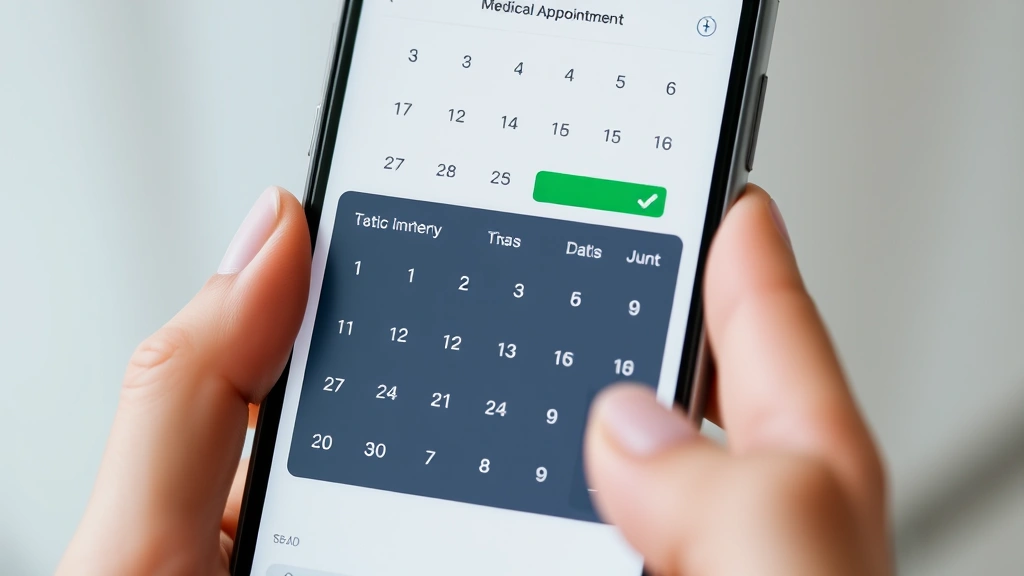 Close-up of smartphone displaying medical appointment calendar with green confirmation checkmark, hands holding phone, soft blurred background, minimalist healthcare app interface