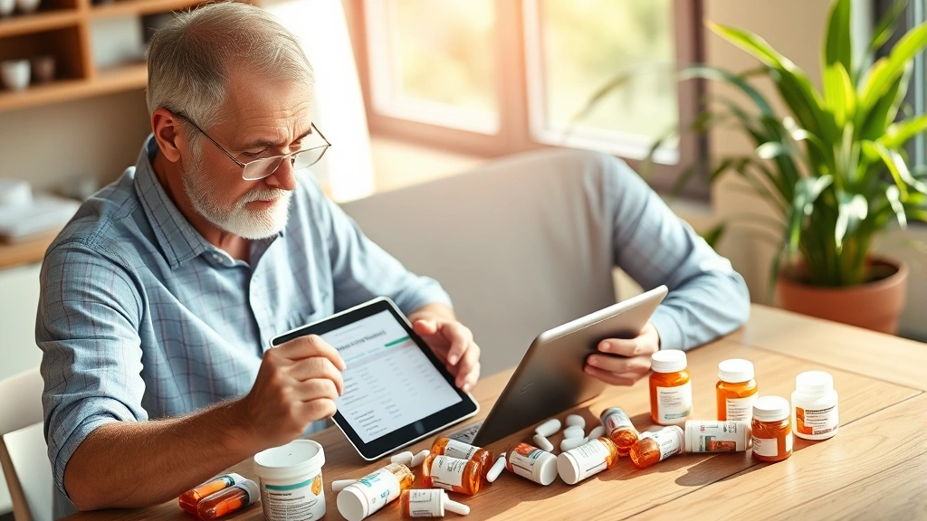 Middle-aged man reviewing prescription medications organized neatly on wooden table with tablet showing medication list, warm afternoon sunlight, wellness-focused lifestyle aesthetic