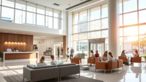 Modern hospital lobby with natural light streaming through large windows, comfortable seating areas, welcoming reception desk, diverse patients and families in contemporary healthcare environment, warm lighting and calming aesthetic