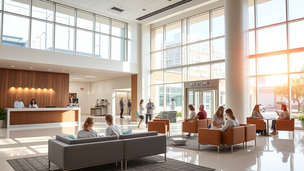 Modern hospital lobby with natural light streaming through large windows, comfortable seating areas, welcoming reception desk, diverse patients and families in contemporary healthcare environment, warm lighting and calming aesthetic