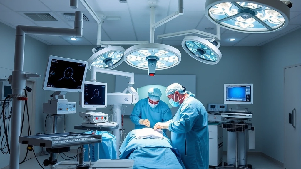 State-of-the-art surgical suite with advanced medical equipment, surgical team in sterile attire performing minimally invasive procedure, sophisticated monitors and lighting, professional medical environment emphasizing precision and safety