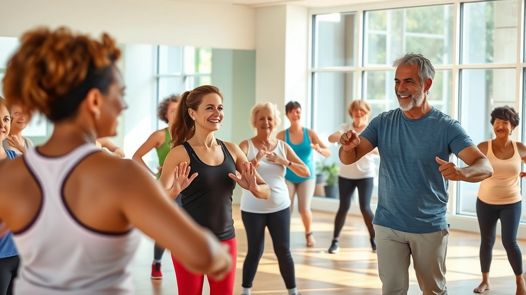 Community wellness class with diverse group of adults participating in exercise or health education session, instructor demonstrating proper technique, bright modern fitness space, participants of various ages and fitness levels engaged and smiling