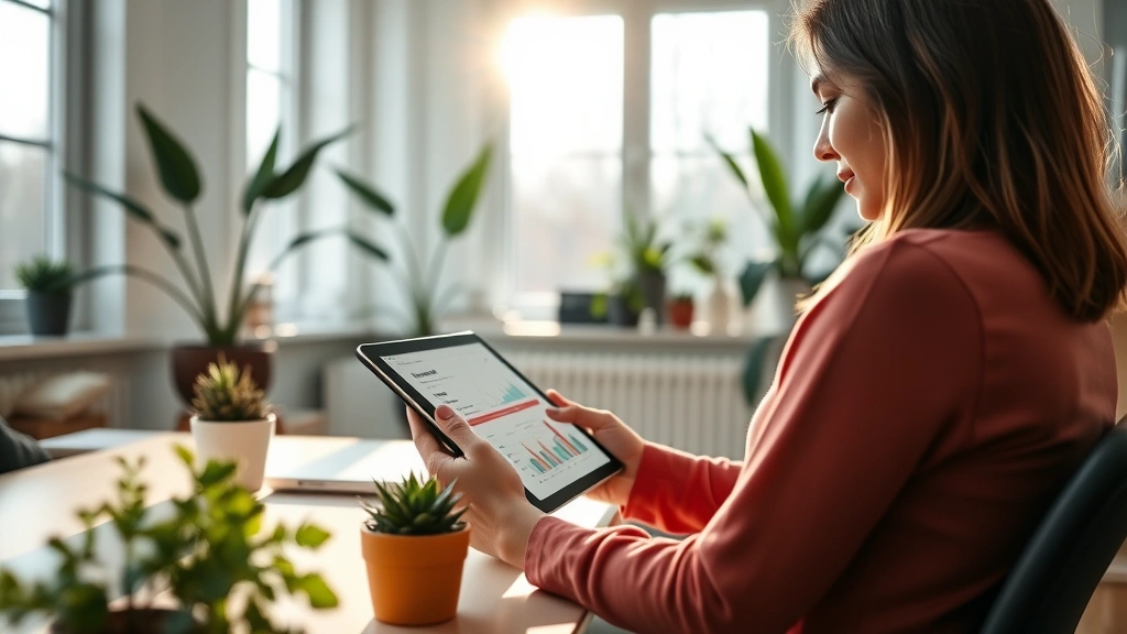 Young professional woman reviewing health metrics on modern tablet in bright, minimalist home office with plants, natural sunlight streaming through windows, peaceful wellness atmosphere