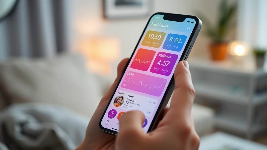 Close-up of smartphone displaying colorful health dashboard with heart rate, sleep, and wellness data visualizations, person holding phone in comfortable home setting with wellness ambiance