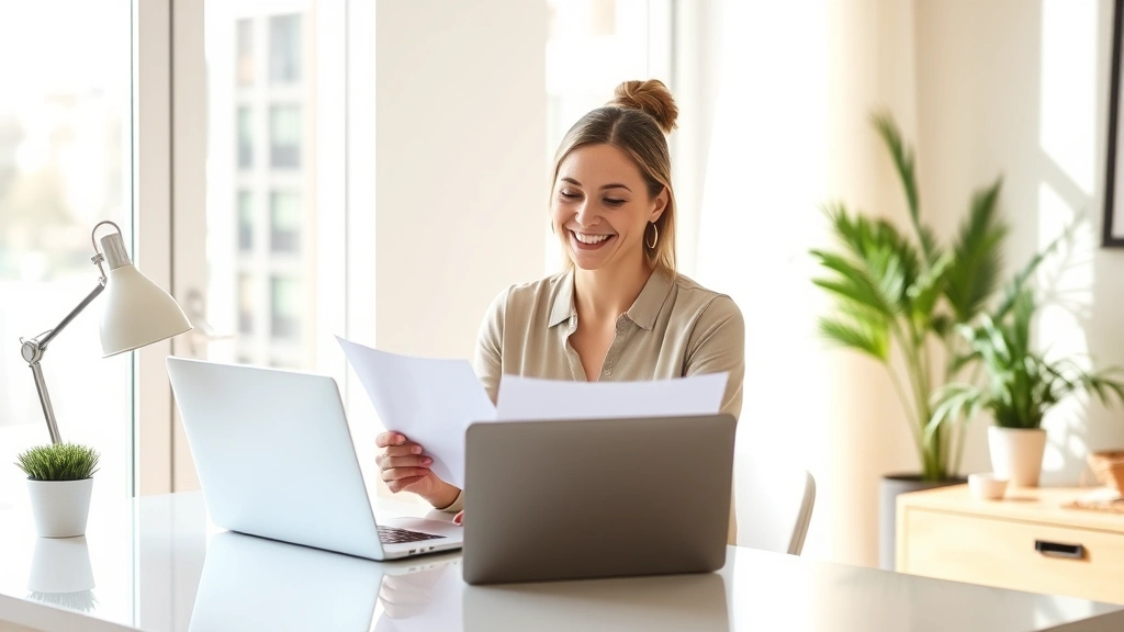 Woman sitting at modern desk with laptop, smiling while reviewing health insurance documents, bright natural light streaming through window, professional yet comfortable home office setting, warm neutral tones