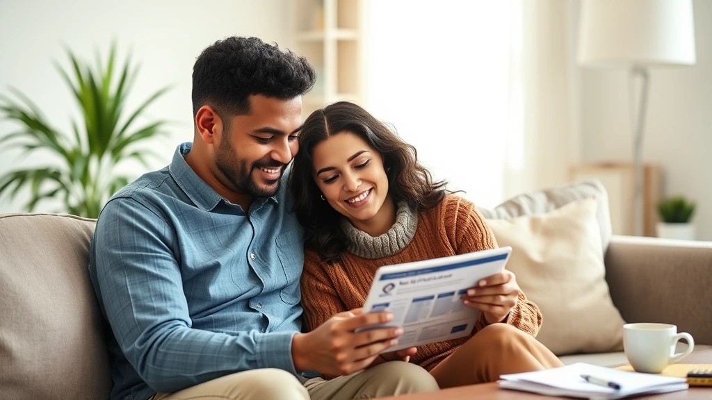 Young diverse couple reviewing tablet together on comfortable couch, healthcare information displayed, relaxed living room environment, soft afternoon lighting, papers and coffee cup nearby, thoughtful expressions