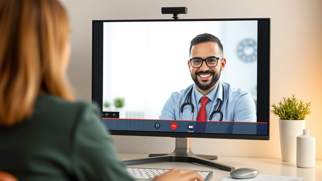 Professional advisor on video call screen, friendly welcoming demeanor, clean modern background, helping customer make health insurance decision, warm professional atmosphere, healthcare symbols subtly visible