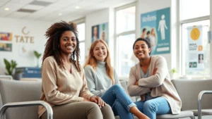 Young diverse college students sitting together in a bright, modern health center waiting room with comfortable seating, natural lighting from large windows, contemporary wellness posters on walls, calm and welcoming atmosphere, realistic medical office environment