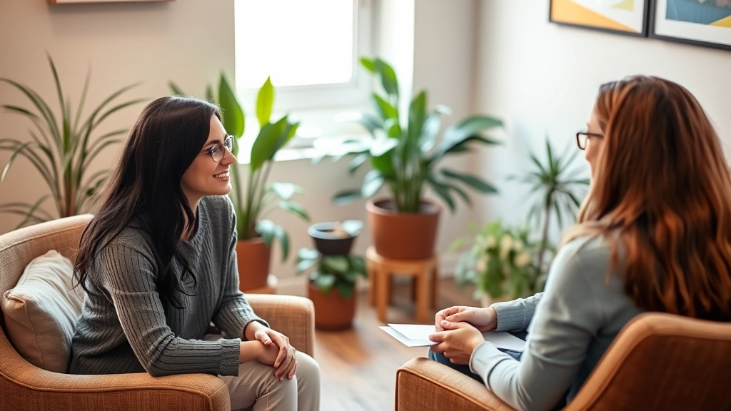 Female student speaking with a compassionate healthcare provider in a private counseling office, warm lighting, comfortable chairs, plants in background, therapeutic environment, both appearing engaged in conversation, professional yet approachable setting