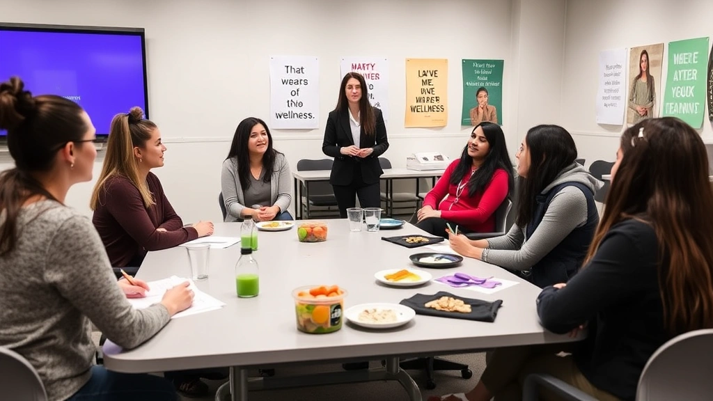 Group of NYU students participating in a wellness workshop in a clean, modern classroom space, instructor leading discussion, students taking notes, healthy snacks on table, motivational wellness posters visible, inclusive and supportive learning environment