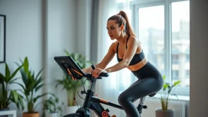 Woman in modern home gym cycling on stationary bike, bright natural light, fitness clothing, focused expression, contemporary apartment setting with plants