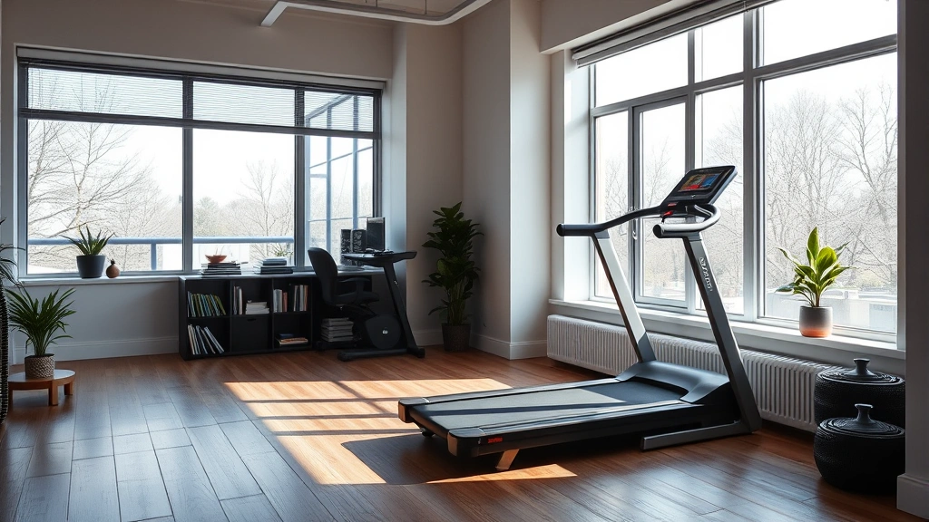 Modern home gym featuring a folding treadmill in sleek design, bright natural light from large windows, minimalist apartment interior with wooden flooring, fitness-focused lifestyle aesthetic
