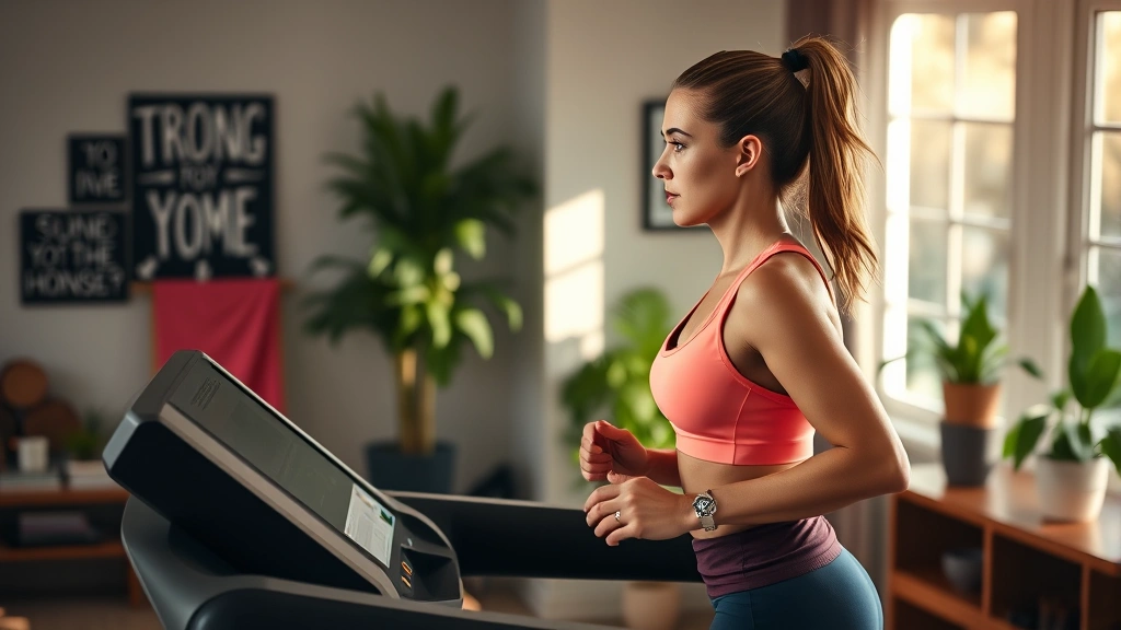 Woman jogging on treadmill wearing athletic wear, focused expression, home gym environment with motivational elements visible, morning natural light, comfortable residential setting