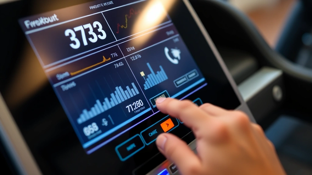 Close-up of treadmill console display showing fitness metrics and workout data, hand adjusting controls, digital technology interface, modern fitness tracking visualization