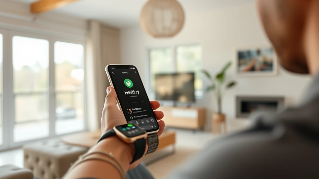 Person wearing smartwatch checking Apple Health app on iPhone, sitting in bright modern living room with minimalist decor, natural sunlight streaming through windows, healthy lifestyle aesthetic