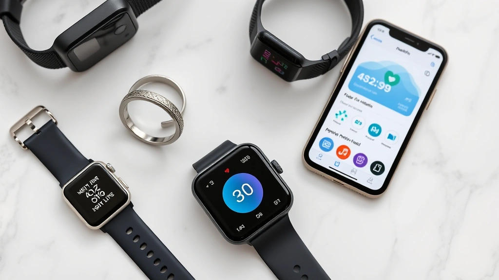 Close-up of multiple wearable devices displayed on white marble surface including smartwatch, fitness tracker, and ring, with iPhone showing Apple Health dashboard, professional product photography style
