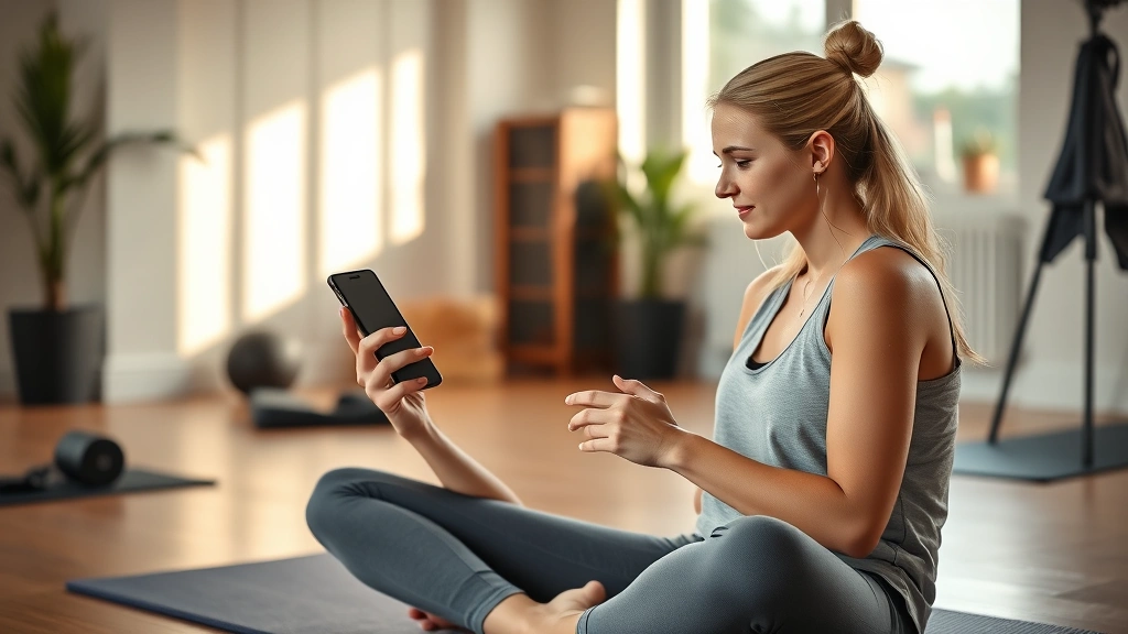 Woman reviewing health data and step count on iPhone Apple Health app while sitting on yoga mat in home gym, surrounded by fitness equipment, morning light, wellness-focused lifestyle scene