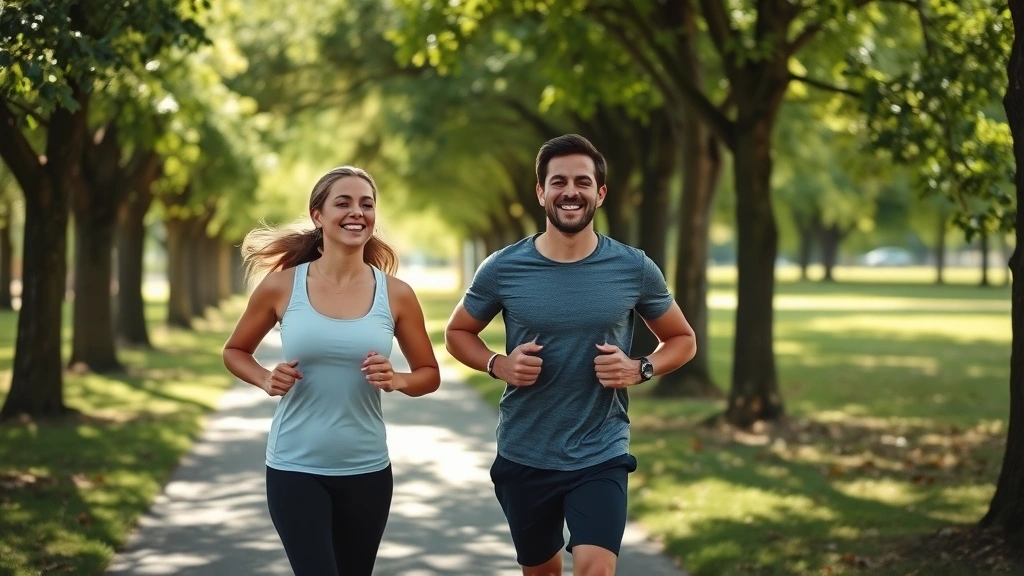 Active couple jogging together through a tree-lined park trail, both smiling, athletic wear, morning sunlight filtering through leaves, healthy vitality and partnership visible