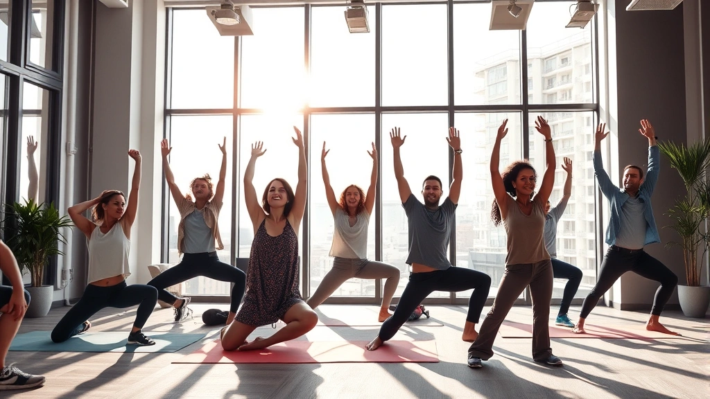Diverse team of professionals doing morning stretches in modern office space with floor-to-ceiling windows, natural light streaming in, everyone smiling and energized