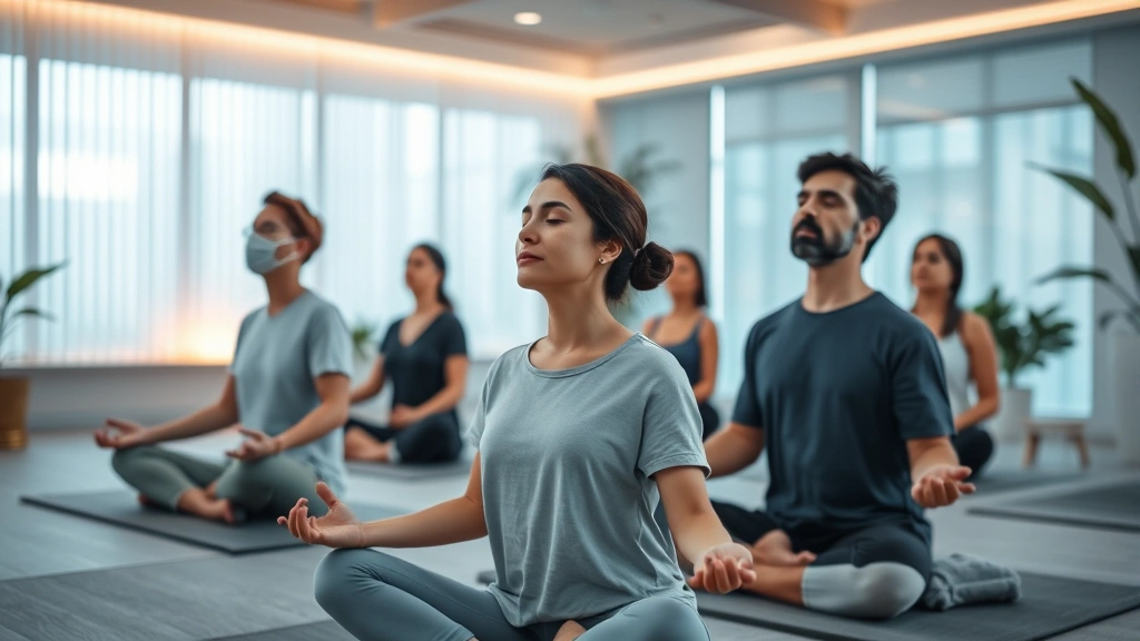 Group meditation session in serene workplace wellness room with soft lighting, comfortable cushions, employees sitting peacefully with eyes closed, calm atmosphere