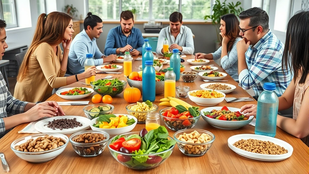 Healthy team lunch spread on wooden table with colorful salads, fresh fruits, nuts, water bottles, and whole grain foods, colleagues eating together in bright break room