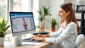 Professional woman smiling while using laptop at home office desk, healthcare patient portal visible on screen, bright natural lighting, modern workspace setting with plants and coffee mug nearby