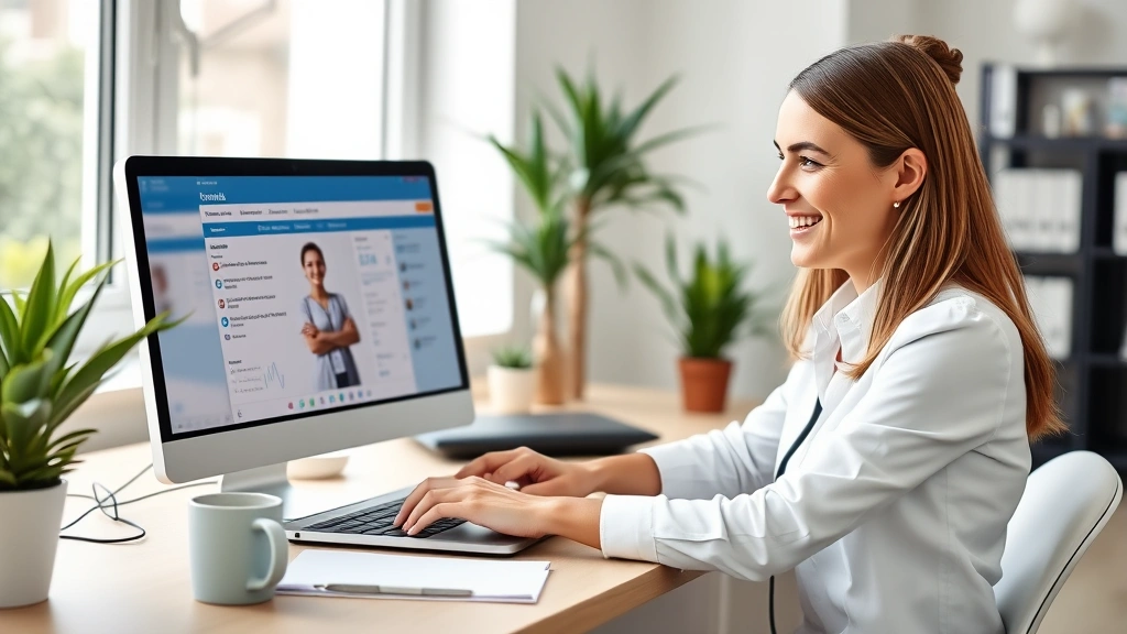 Professional woman smiling while using laptop at home office desk, healthcare patient portal visible on screen, bright natural lighting, modern workspace setting with plants and coffee mug nearby