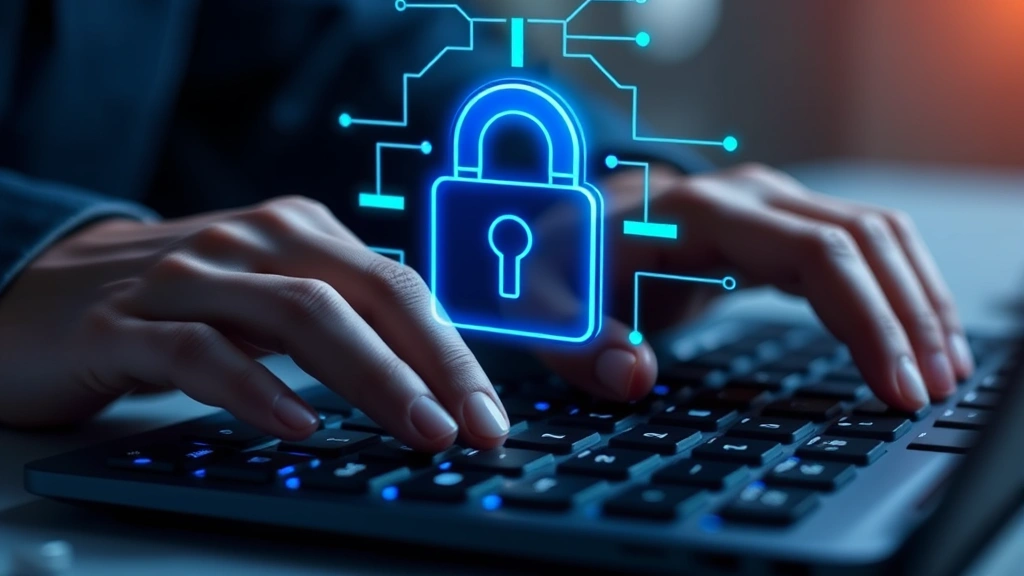 Close-up of hands typing on keyboard with security lock icon holographically displayed above, soft blue cybersecurity lighting, representing HIPAA protected healthcare information and digital privacy