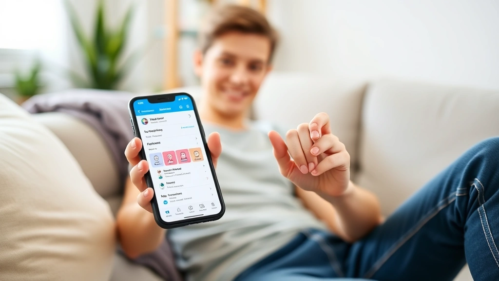 Young person holding smartphone showing mobile health app interface with appointment calendar and medical records, sitting on comfortable couch in contemporary living room, wellness-focused lifestyle