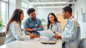 Professional diverse team in modern Texas healthcare setting, discussing patient care plans at collaborative workspace with natural lighting and welcoming atmosphere