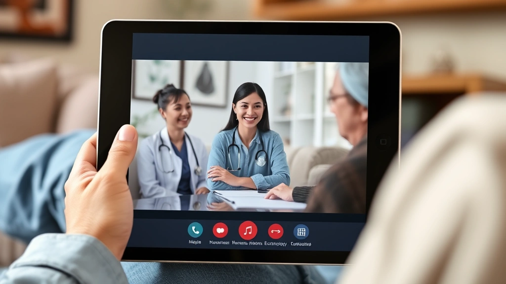 Telemedicine consultation on tablet screen showing healthcare provider, patient at home in calm setting, representing accessible mental health technology in rural Texas