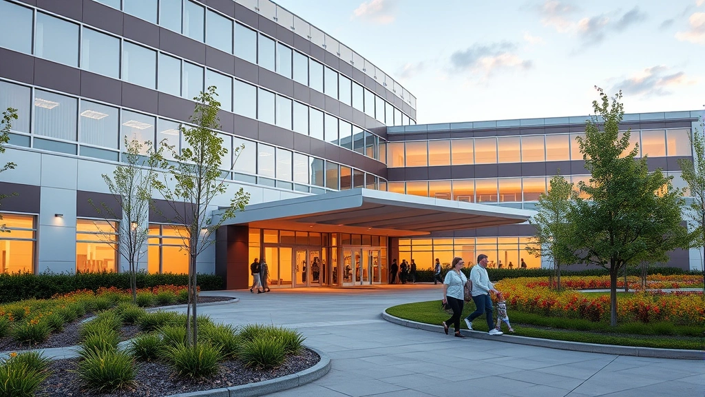 Modern hospital exterior with welcoming entrance, professional landscaping, clear signage, natural lighting, patients and families walking toward building, contemporary architecture, daytime