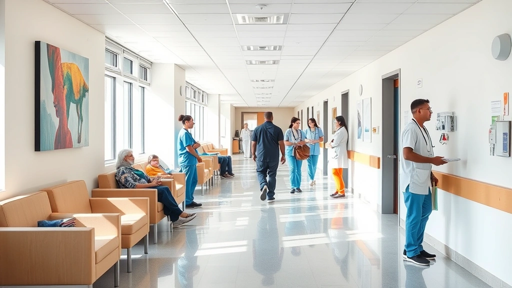 Bright hospital corridor with comfortable seating areas, modern artwork on walls, natural light from windows, clean professional environment, diverse healthcare staff interacting with patients