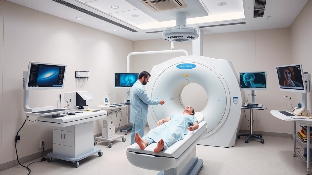 State-of-the-art medical equipment in modern diagnostic imaging center, technician preparing patient for scan, clean contemporary room with advanced monitors, professional healthcare setting, healing environment