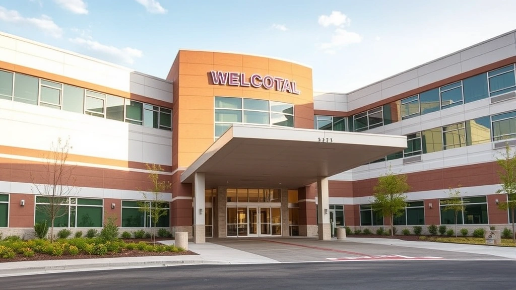 Modern hospital exterior with welcoming entrance, contemporary architecture, landscaped grounds, natural light, professional healthcare facility, suburban setting, clean modern design
