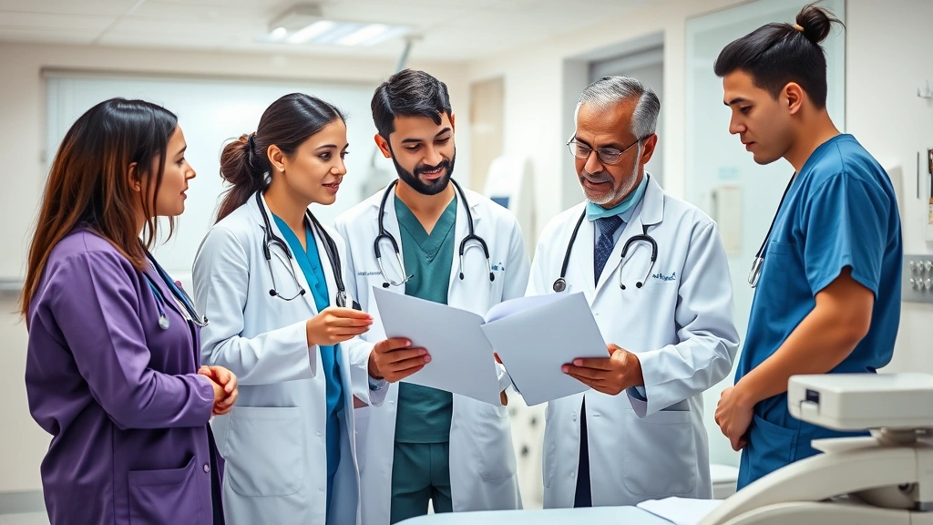 Diverse medical team collaborating in clinical setting, healthcare professionals reviewing charts, modern medical equipment, patient-focused care environment, professional teamwork, hospital interior