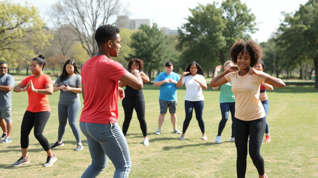 Community wellness event with diverse participants exercising outdoors, group fitness class, preventive health program, positive lifestyle engagement, outdoor park setting, wellness focus
