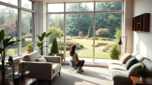 Serene modern therapy office with comfortable seating, large windows overlooking peaceful gardens, warm natural lighting, professional yet welcoming environment with plants and soft furnishings, person sitting peacefully in contemplation