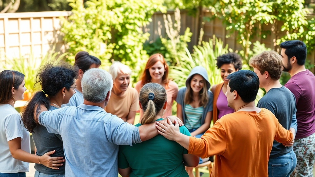 Group of diverse individuals in a supportive circle during wellness activity, outdoor garden setting with natural sunlight, people smiling and engaged, healthy and peaceful atmosphere demonstrating community support and recovery