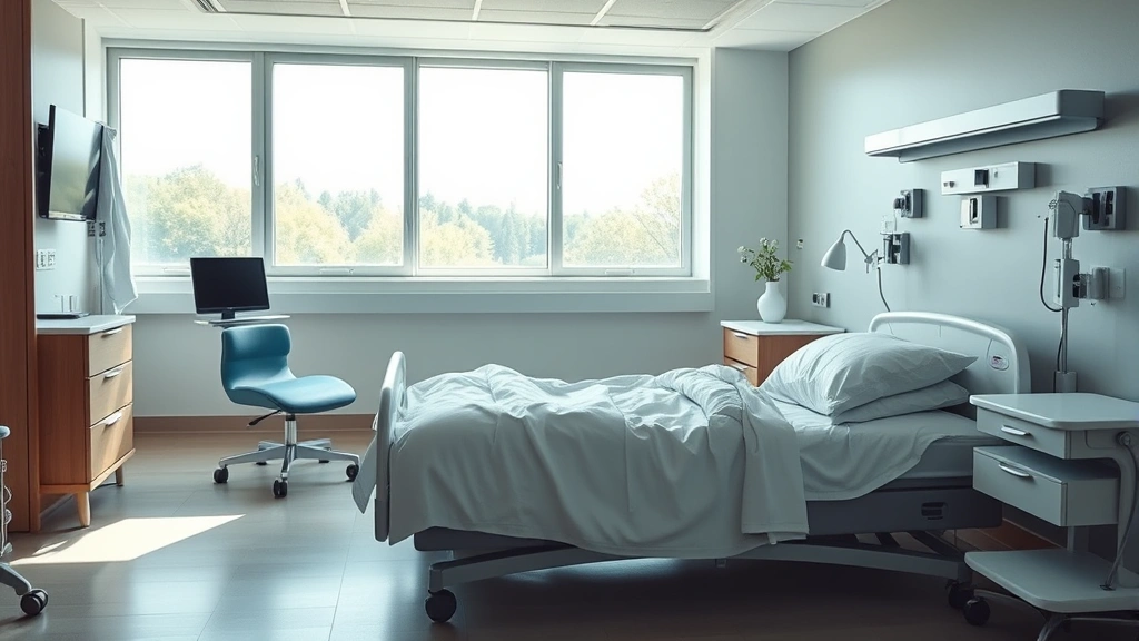 Peaceful bedroom in modern healthcare facility with comfortable bed, soft lighting, calming neutral tones, windows with nature view, therapeutic environment promoting rest and healing, clean and welcoming space