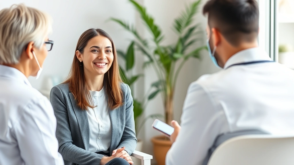 Professional woman in her thirties sitting in modern medical office, smiling confidently at healthcare provider during consultation, bright natural lighting, calm clinical environment with plant in background