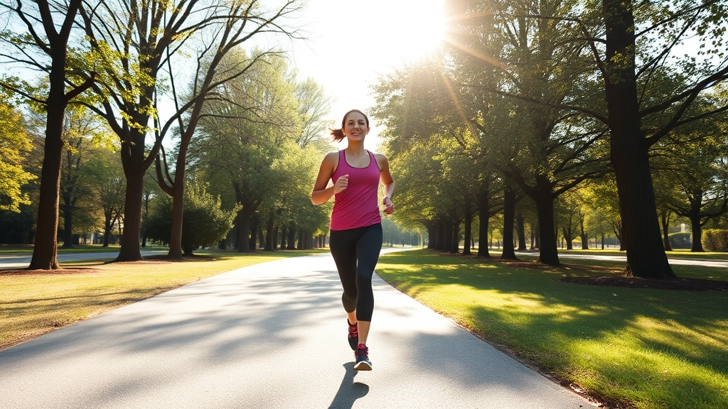 Active woman in athletic wear jogging through sunny park pathway, natural morning light, trees and greenery surrounding, radiating health and vitality, candid lifestyle moment