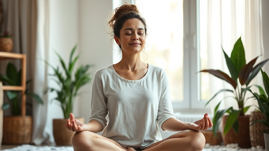 Woman meditating peacefully at home near window with soft natural light, serene expression, comfortable wellness space with plants, embodying mental health and emotional balance